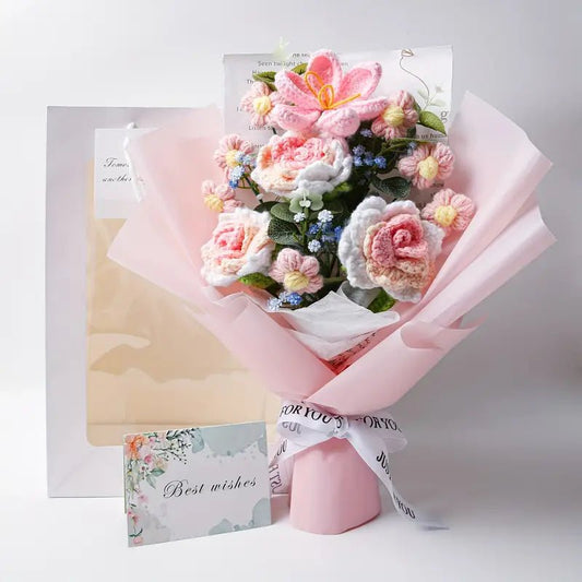 Pastel flower bouquet in pink wrapping with matching "Best wishes" greeting card