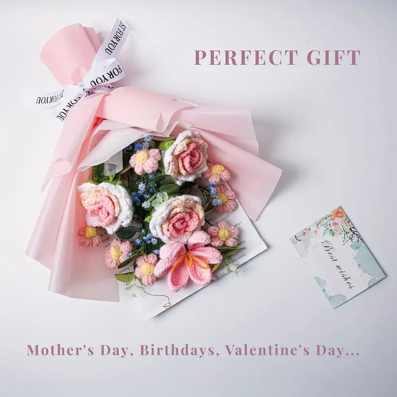 Pink wrapped flower bouquet with pink roses and small blue flowers, perfect gift card
