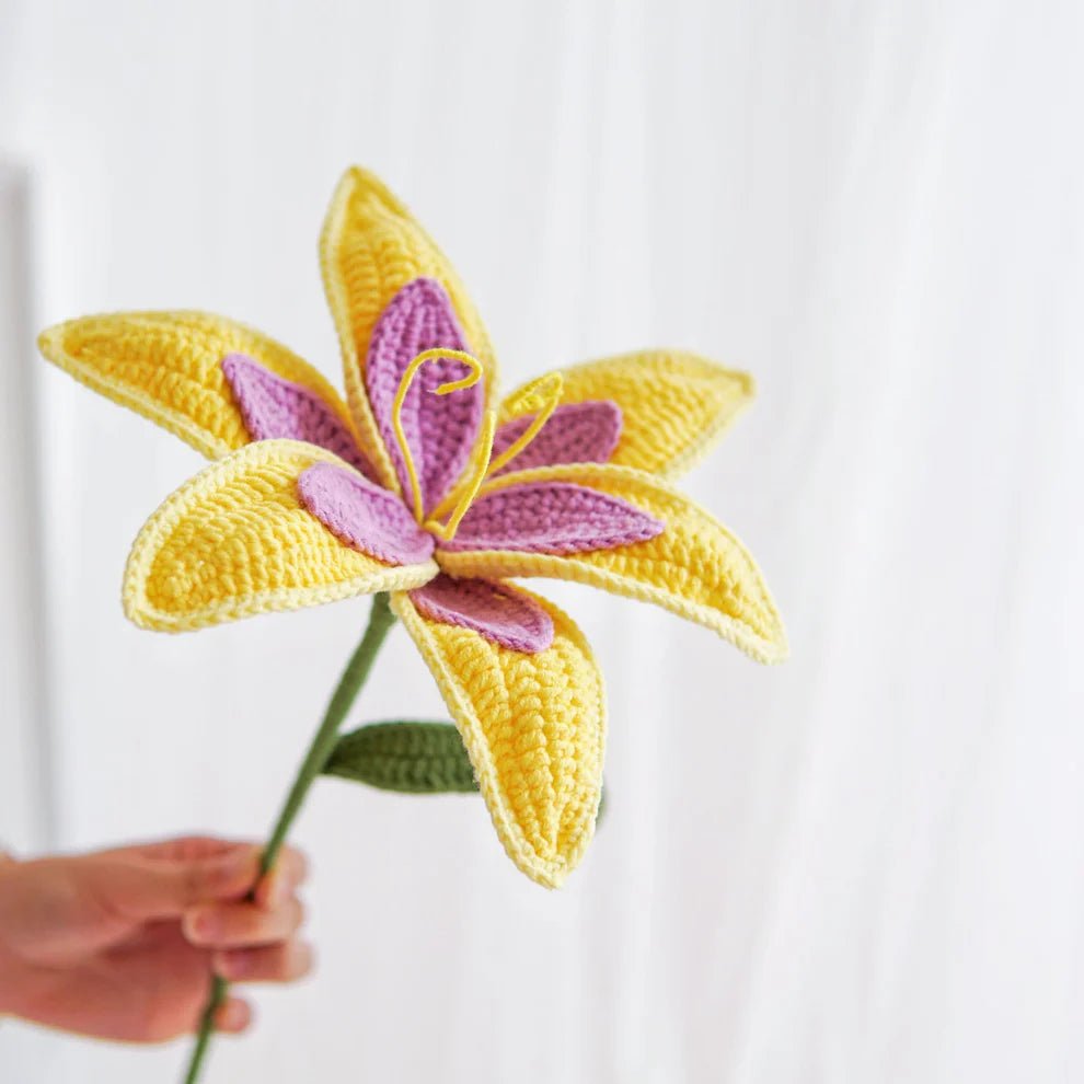 Handmade Crocheted Yellow and Purple Crochet Lily Flower - Joy Gift London