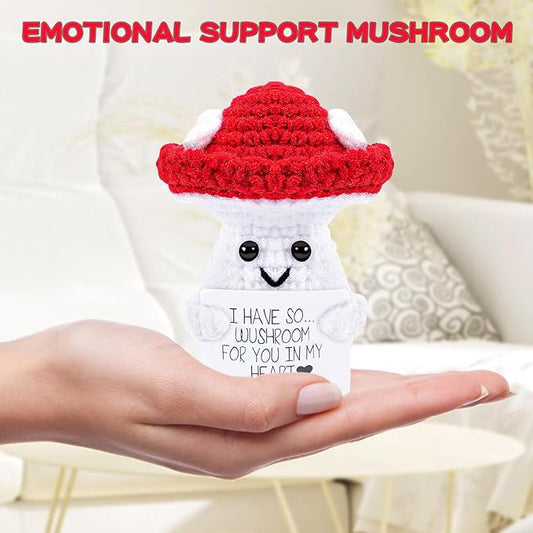 Cute crocheted mushroom with "I have so wushroom for you" pun on palm