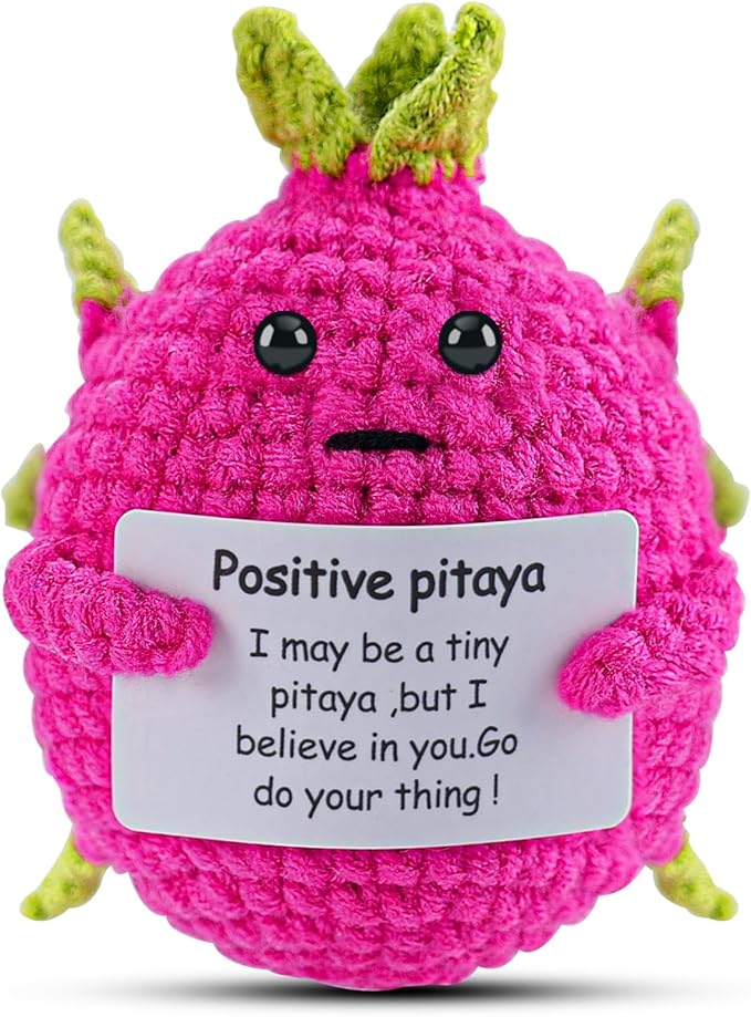 Cute pink plush pitaya with encouraging message about believing in yourself