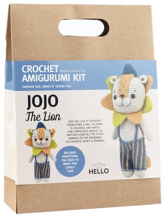 Crochet kit packaging for JOJO The Lion amigurumi craft project with blue and tan lion doll