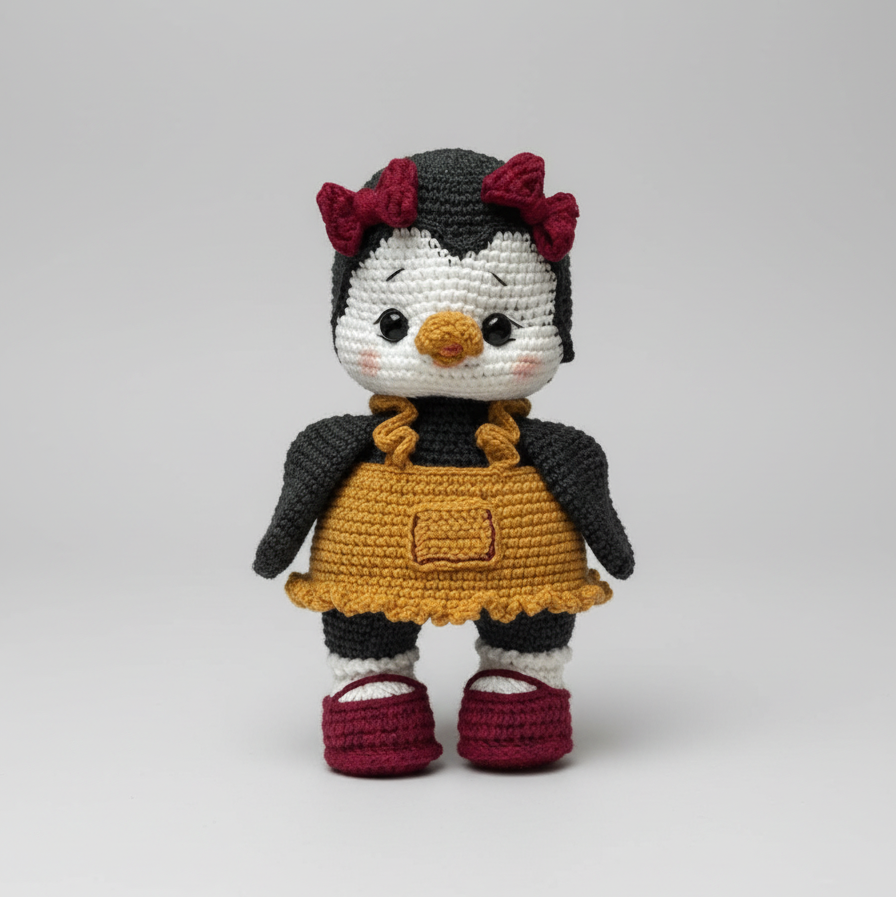 Crocheted penguin amigurumi doll with maroon bows and outfit, held by hand