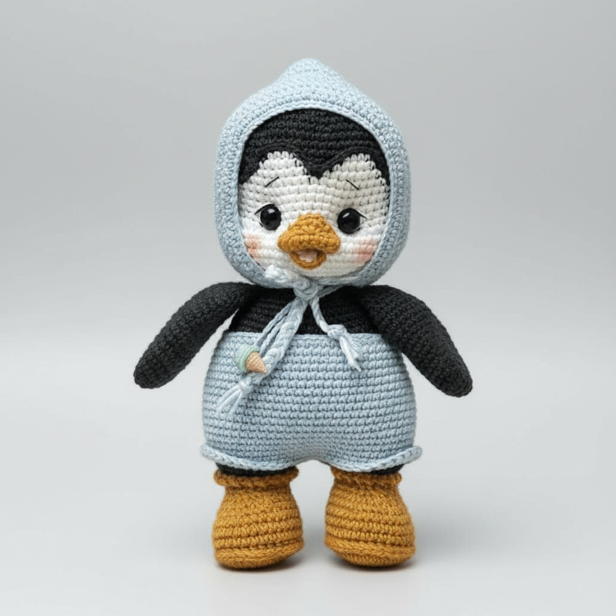 Crocheted penguin in gray hoodie and yellow boots, held by a hand with white sleeve