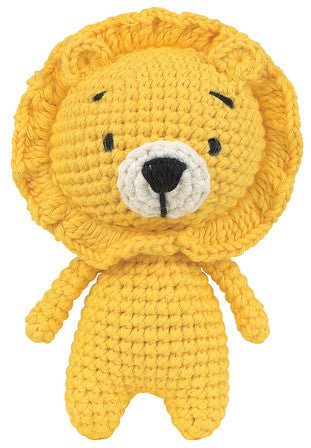 Crocheted yellow lion stuffed animal with round body and fluffy mane
