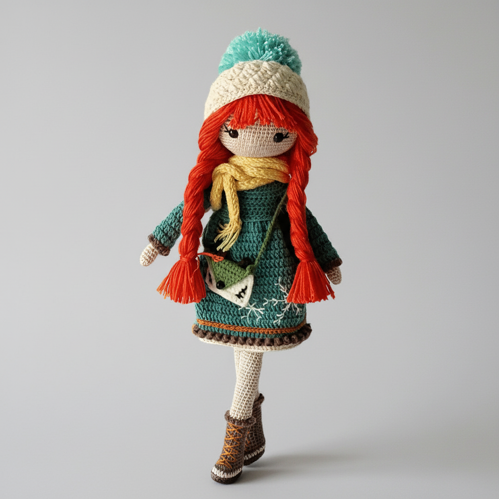 Crocheted doll in teal dress, red yarn hair, winter hat, scarf, and hiking boots