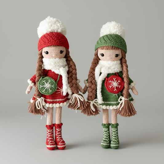 Two crocheted dolls in winter outfits with snowflake motifs, red and green color scheme