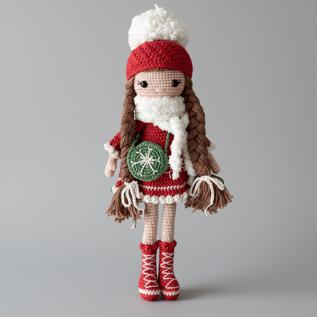 Crocheted doll in red winter outfit with braids, snowflake patch, and fluffy white hat