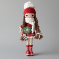 Crocheted doll in red winter outfit with braids, snowflake patch, and fluffy white hat