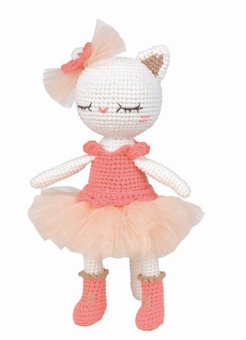 Crocheted cat doll in pink tutu with bow, standing in ballet pose