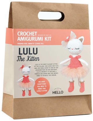 Brown craft bag with crochet kit for making Lulu the Kitten in pink dress