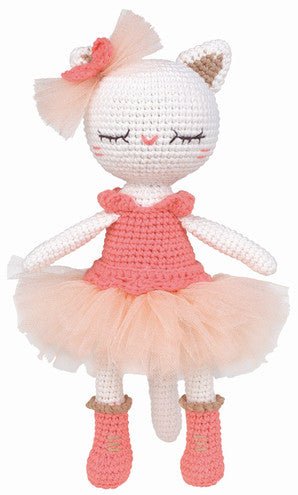 Crocheted cat doll in coral tutu dress with bow, wearing ballet slippers