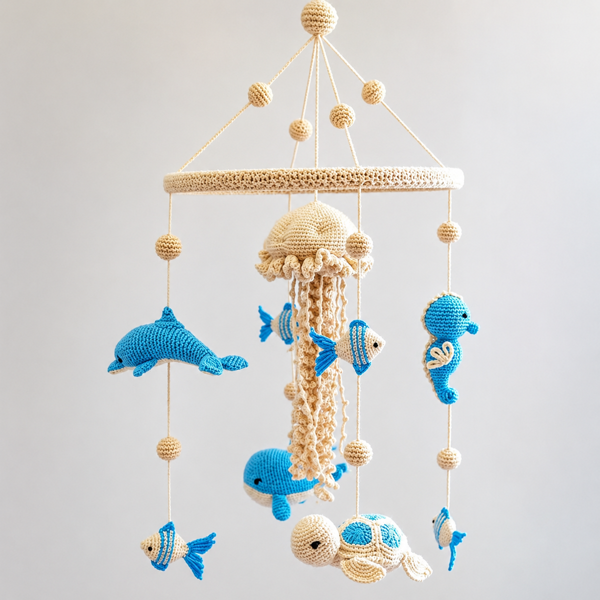Luxury Handmade Crochet Ocean Cot Mobile – Jellyfish, Whale, Turtle & Sea Animals Baby Nursery & Crib Mobile Joy Gift London