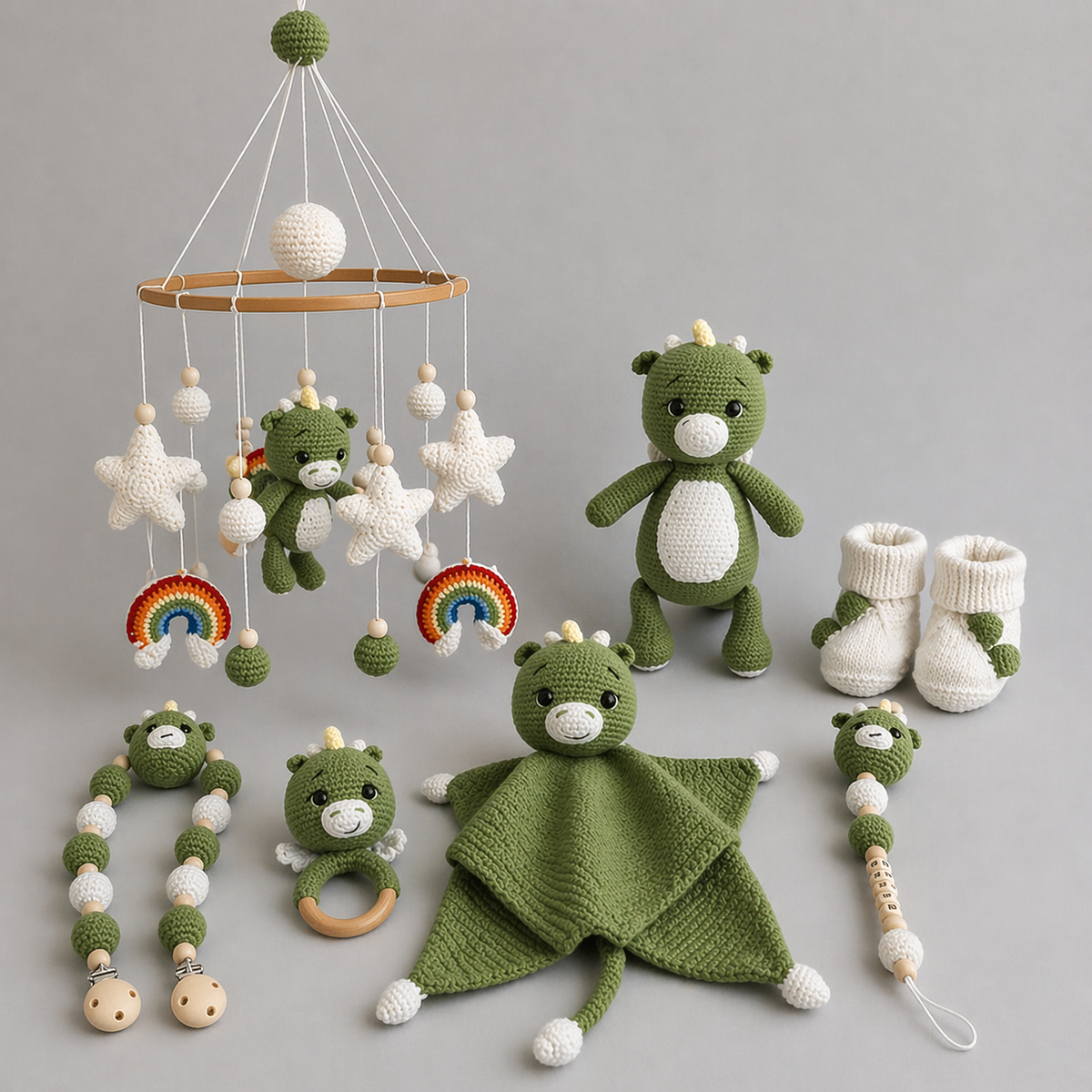 Luxury Personalised Dinosaur Baby Gift Set (7pc) – Handmade Crochet Newborn Collection Joy Gift London