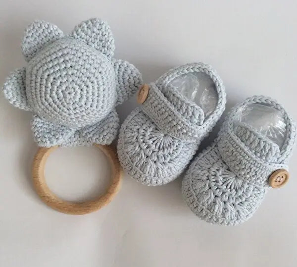 Crochet Baby Shoes Blue and Rattle Toy - Joy Gift London