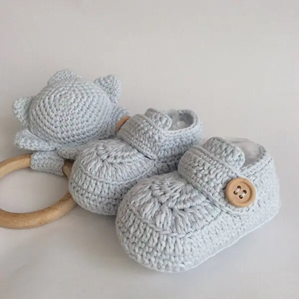 Crochet Baby Shoes Blue and Rattle Toy - Joy Gift London