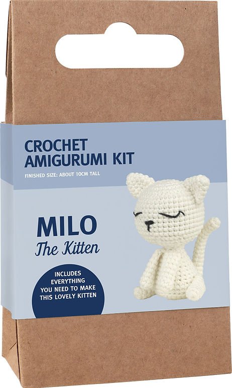 Crochet amigurumi kit to make Milo, a cute white knitted kitten, 10cm tall