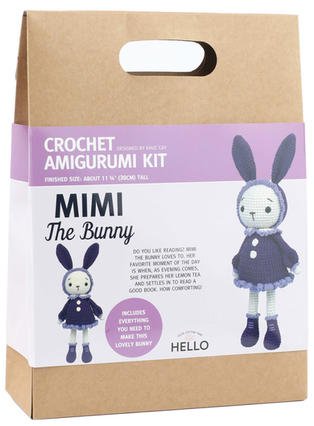 Craft kit for crocheting a cute bunny doll with purple and blue accessories