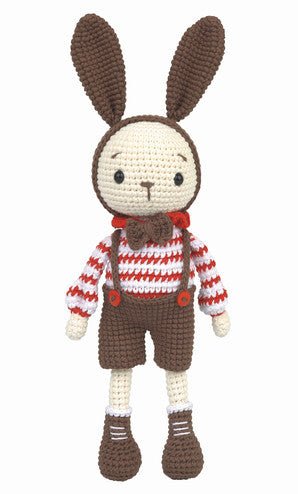 Crocheted bunny doll wearing red and white striped sweater and brown overalls