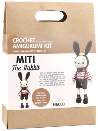 DIY crochet kit to make a cute striped bunny rabbit with gray ears and dark boots