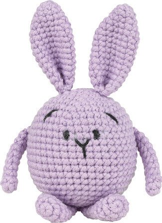 Lavender crocheted bunny toy with round body and cute simple facial features