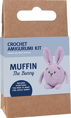 Cardboard craft kit packaging with pink crocheted bunny named Muffin
