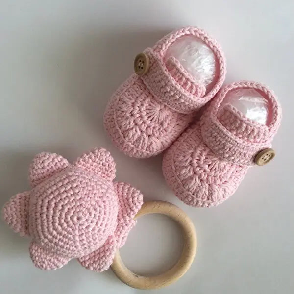 Crochet Baby Shoes Pink and Rattle Toy - Joy Gift London