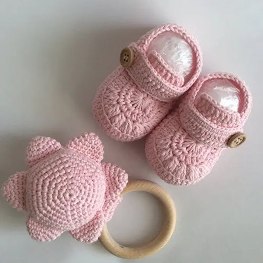 Crochet Baby Shoes Pink and Rattle Toy - Joy Gift London