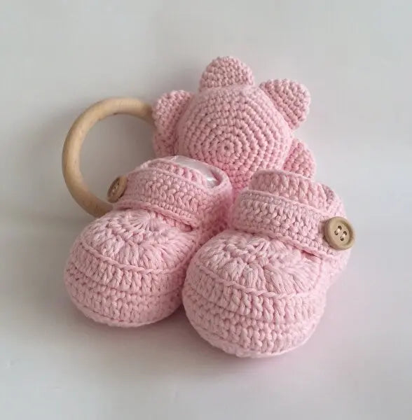 Crochet Baby Shoes Pink and Rattle Toy - Joy Gift London