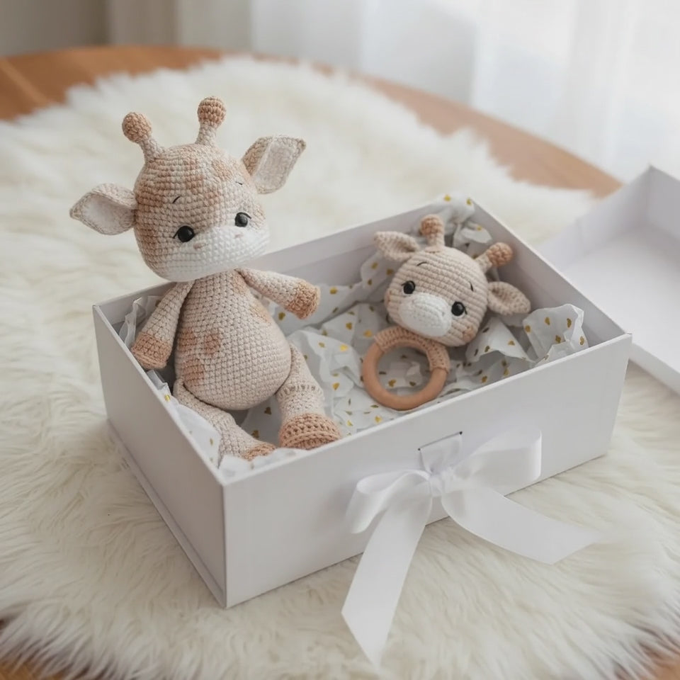 Handmade Crochet Newborn Giraffe & Rattle Gift Set (2pc) – Baby Shower Gift