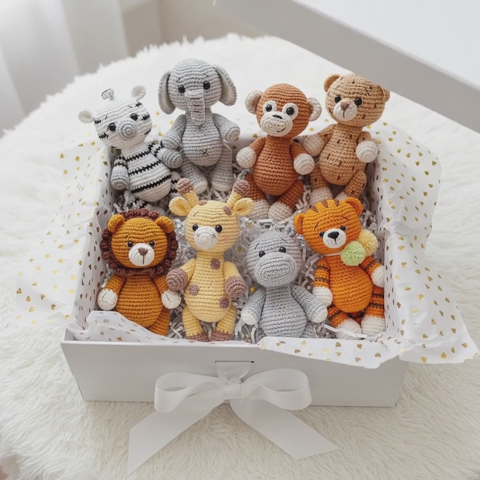 Handmade Crochet Safari Animals - Zebra, Elephant, Monkey, Tiger, Lion, Giraffe, Hippo, Leopar