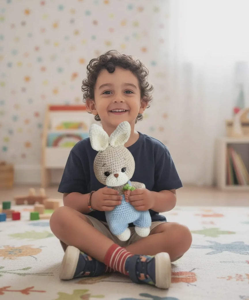 Handmade Crochet Bunny Toy in Blue Jumpsuit