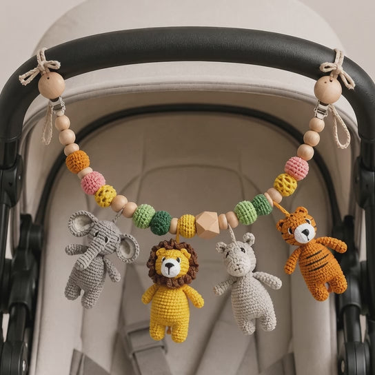 Crochet Safari Animals Car Seat Toy – Elephant, Lion, Hippo & Tiger Hanging Rattle