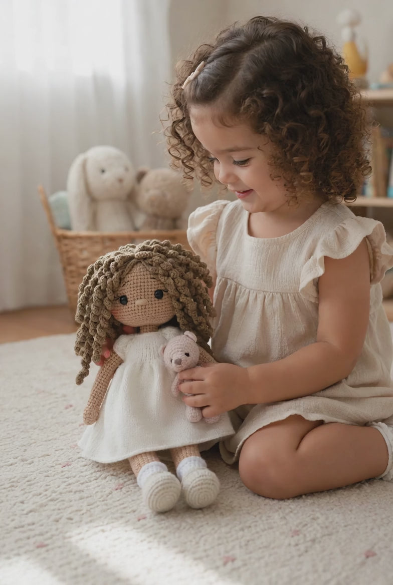 Handmade Crochet Doll in White Dress with Curly Hair & Teddy Bear