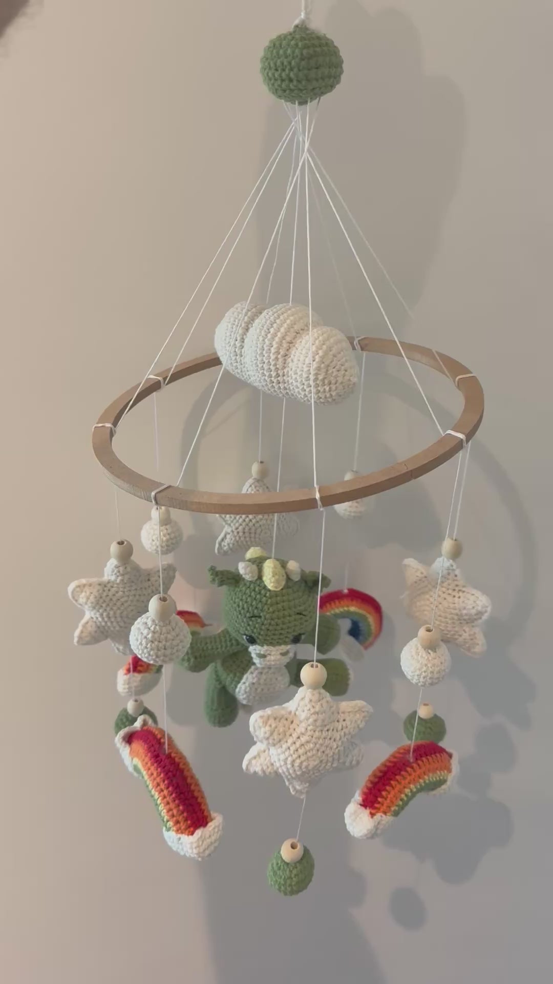 Handmade Crochet Green Dino, Clouds and Rainbow Nursery Mobile 🌈