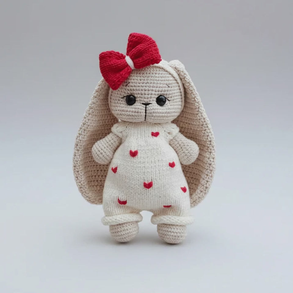 Handmade Crochet Long Ear Bunny Toy in White Jumper with Hearts