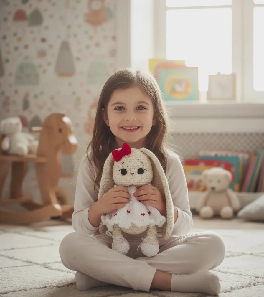Handmade Crochet Long Ear Bunny Toy in White Dress