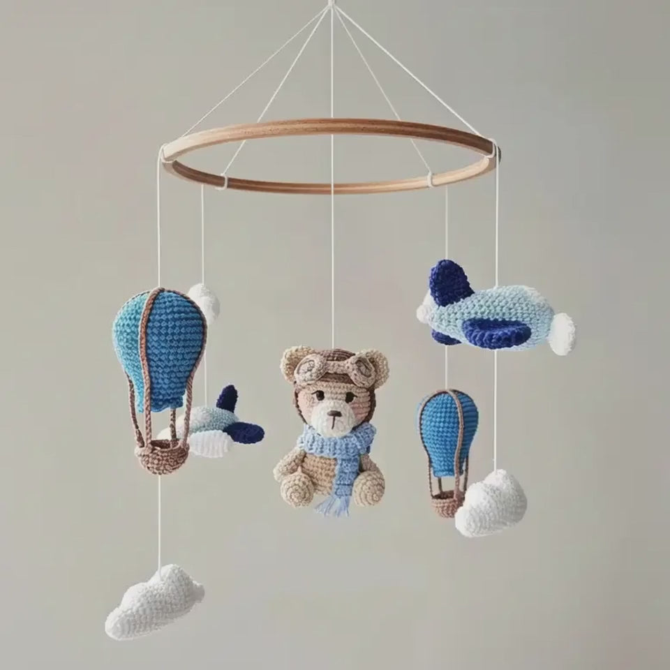 Handmade Crochet Pilot Teddy Bear and Planes Nursery Mobile ✈️ ☁️