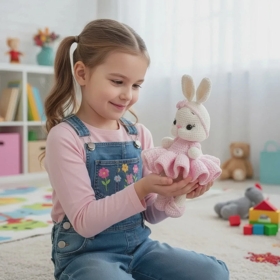Handmade Crochet Ballerina Bunny Toy in Pink Dress