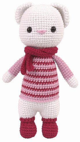 Crocheted teddy bear with red and pink striped sweater and matching boots