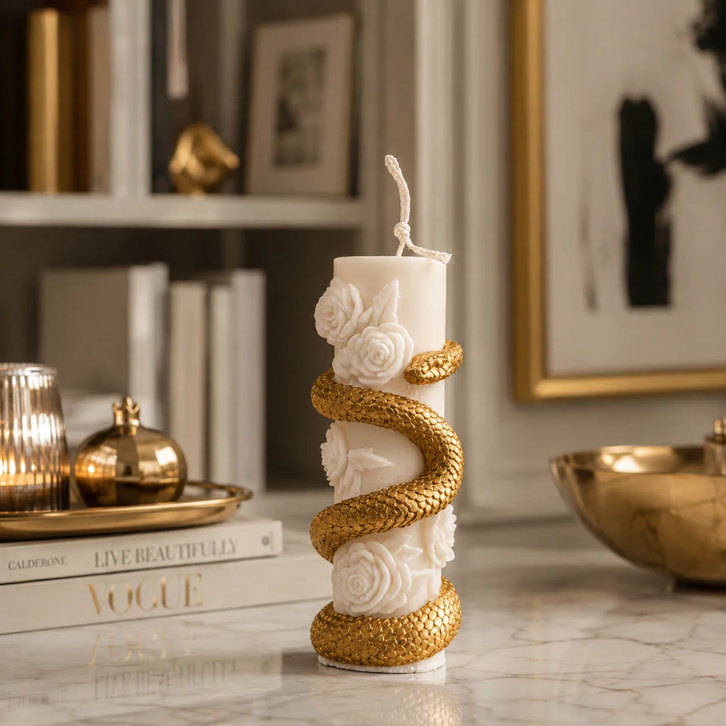 Snake Rose - Pillar Candle - Hand Painted Gold Edition