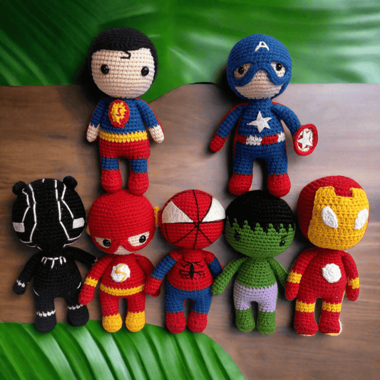 Crocheted superhero dolls: Spider-Man, Captain America, Hulk, Iron Man, and more