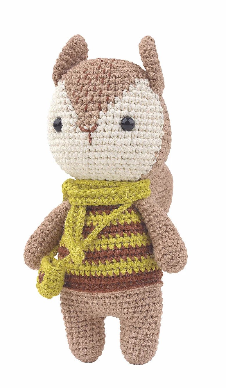 Crochet woodland animal toy with striped sweater and green scarf
