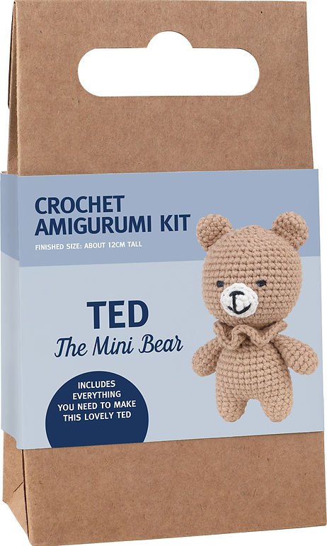 Crochet amigurumi kit to make Ted, a mini bear, in beige yarn on craft packaging