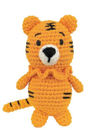 Yellow crochet tiger stuffed animal with black stripes and a cute round face