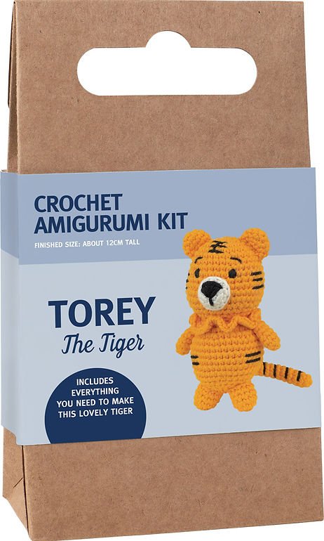 Crochet amigurumi kit for Torey the Tiger, yellow knitted tiger craft project package