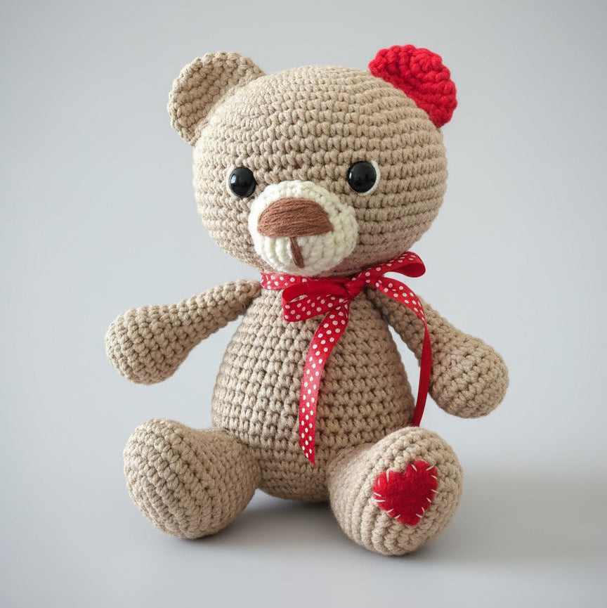 Crocheted teddy bear with red bow and heart patch, sitting cutely against grey background