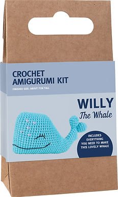 Crochet kit packaging featuring a blue whale with instructions and materials included