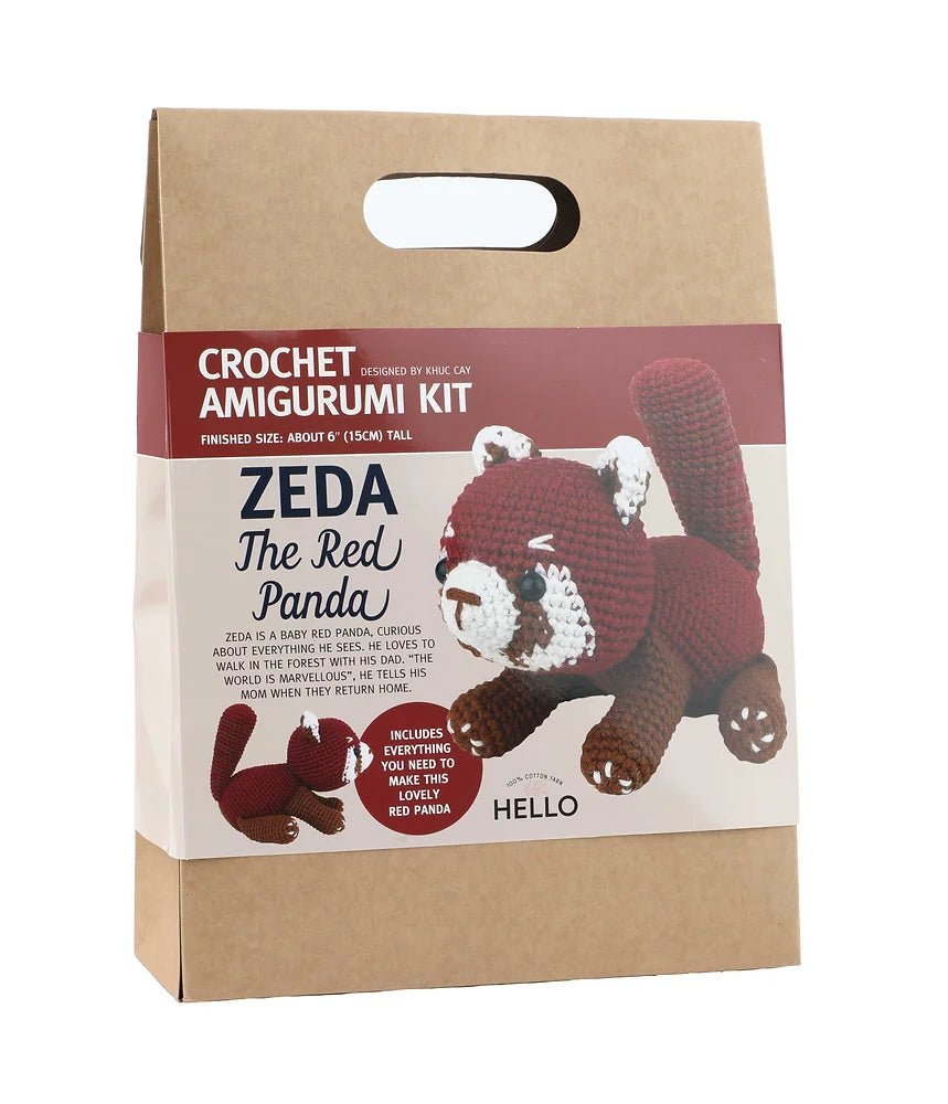 Crochet kit for Zeda the Red Panda, craft project in kraft paper bag packaging