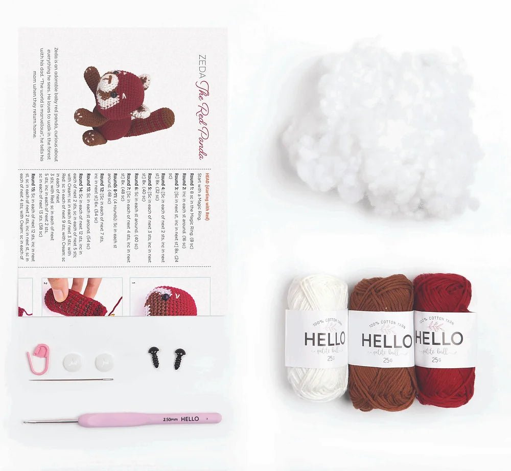 Crochet teddy bear kit with yarn, hook, safety eyes, and step-by-step instructions